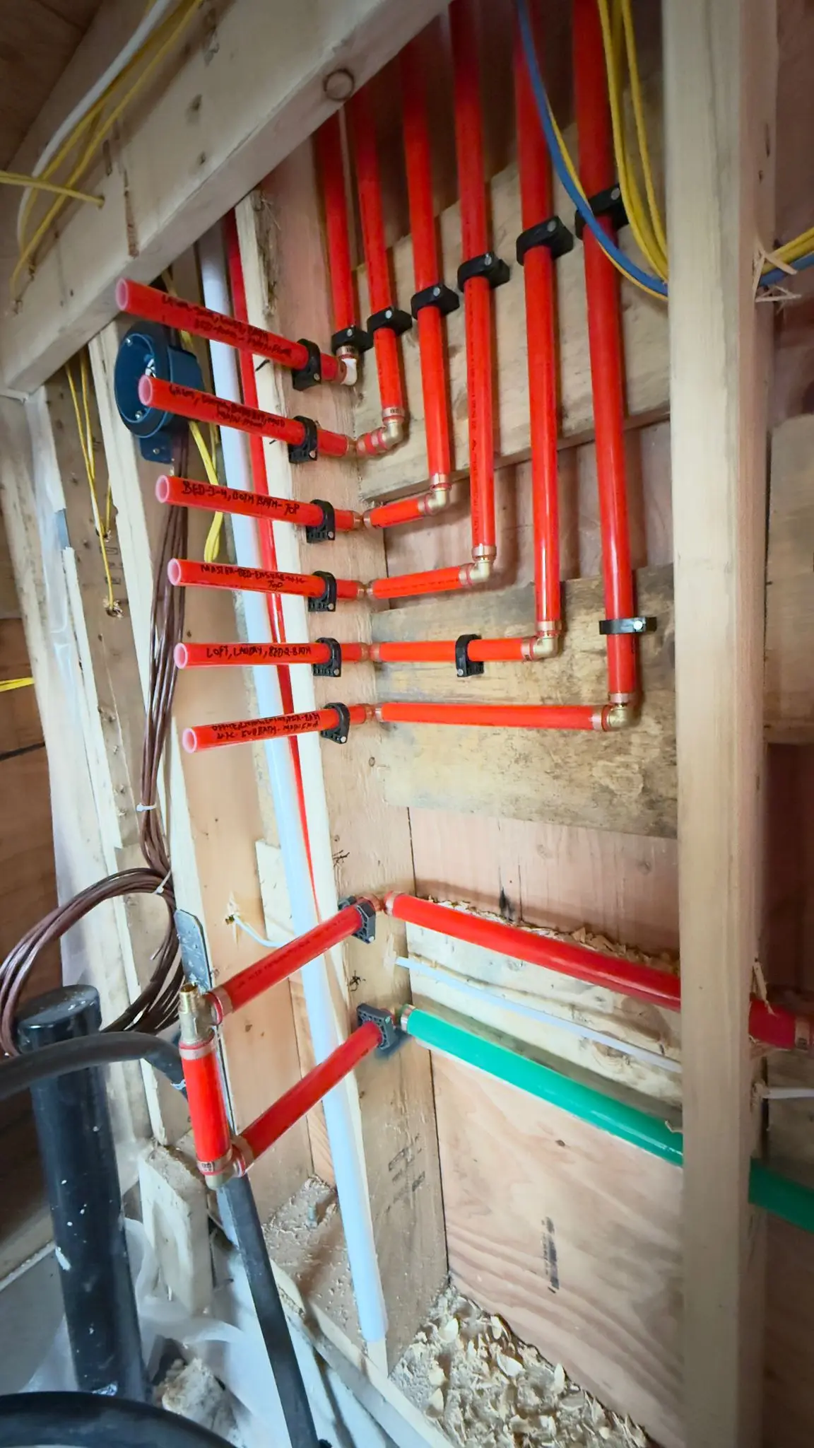 A red PEX manifold in an open wall, hot and cold fanned out to each fixture.