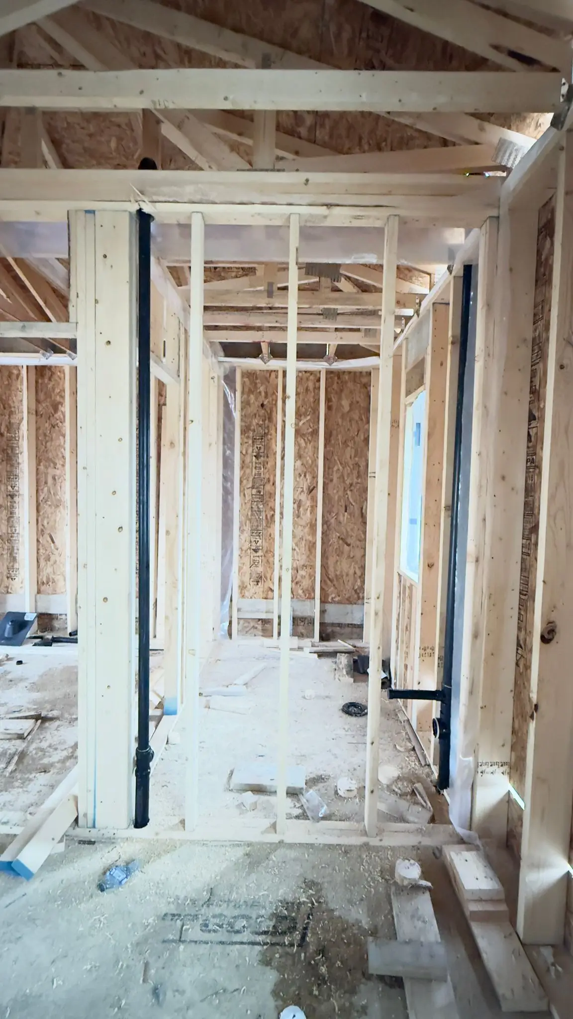 A drainage stack standing in the framing before the floor goes down.