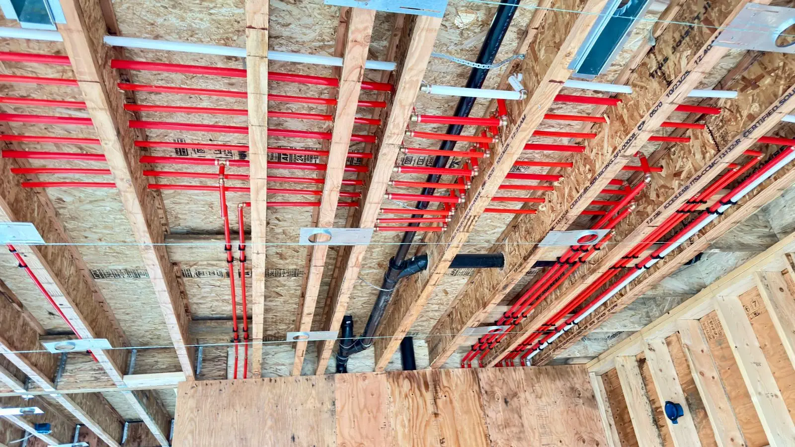 Red PEX clipped through ceiling joists, each line held off the timber.