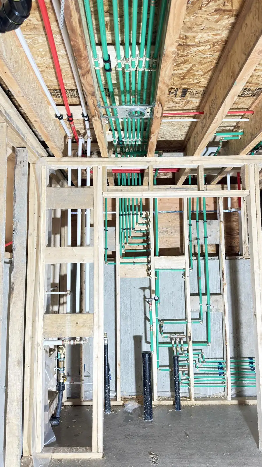 A radiant heating loop dropped down the framing to its manifold.